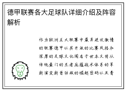 德甲联赛各大足球队详细介绍及阵容解析