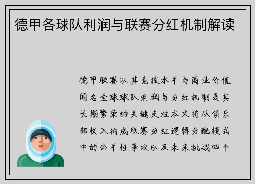 德甲各球队利润与联赛分红机制解读